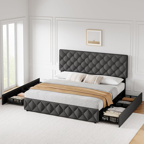 Base De Cama Idealhouse King Size Tapizada En Lino Grey
