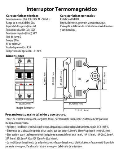 Interruptor Termomagnético 2p C20 6ka Termica Bipolar 20a