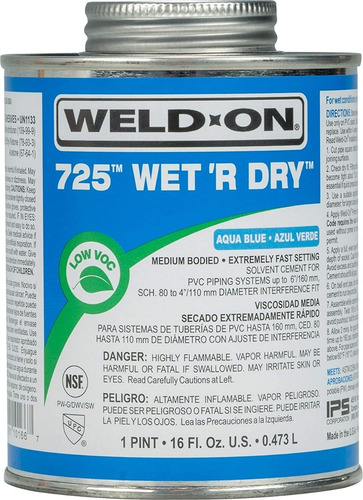 Pegamento Tuberia Pvc 1/2 Litro Weld-on 725 Wet'r Dry Azul