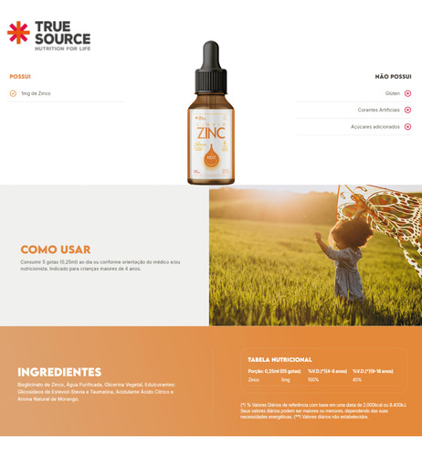 Zinco Líquido Sabor Morango Com 30ml - True Source