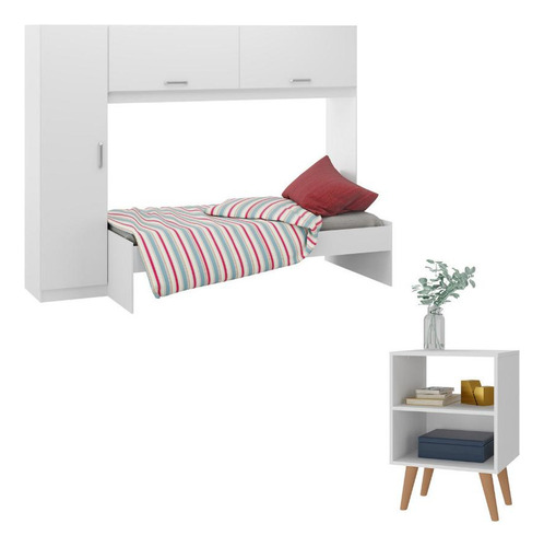 Cama Solteiro/colchão/armário/mesa Cabece Multimóveis Mp4187 Cor Branco/canelato