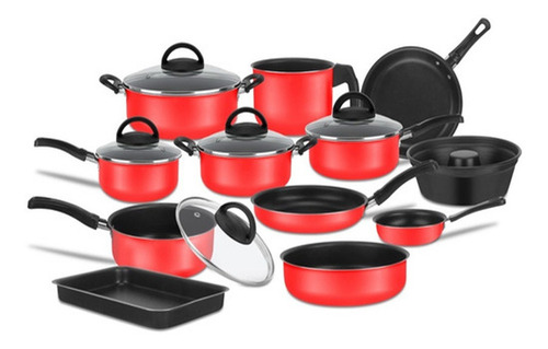 Conjunto De Panelas 13 Pcs Para Cozinha Em Antiaderente Cor Vermelho