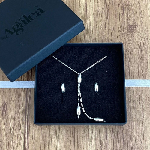 Imagen 6 de 8 de Collar Y Aretes De Plata 925 Set Cadena 43cm Mujer Agalea