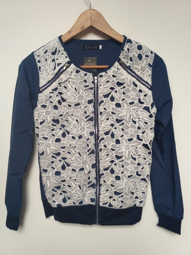 Blusa Azul Con Encaje Blanco Estilo Casaca Talla S Nueva