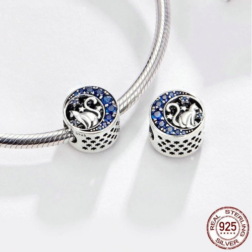 Charm Dije Gato Luna Azul Fabricado En Plata 925