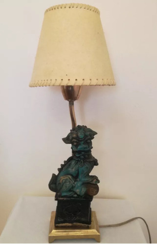 Antigua Lámpara Velador Bronce Con Figura Perro León De Fo