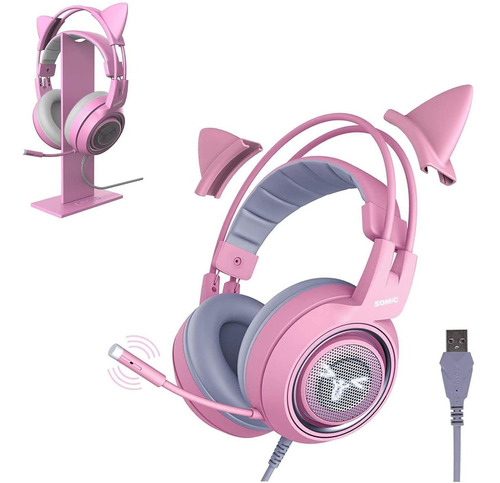 Auriculares Con Microfono Y Orejas De Gato + Soporte | Rosa