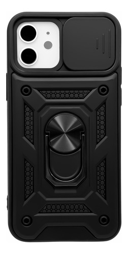 Funda Negra Para iPhone 12 (6.1) / 12 Pro (6.1) De Uso Rudo Con Protección Deslizable En Área De Cámara Y Anillo Metálico