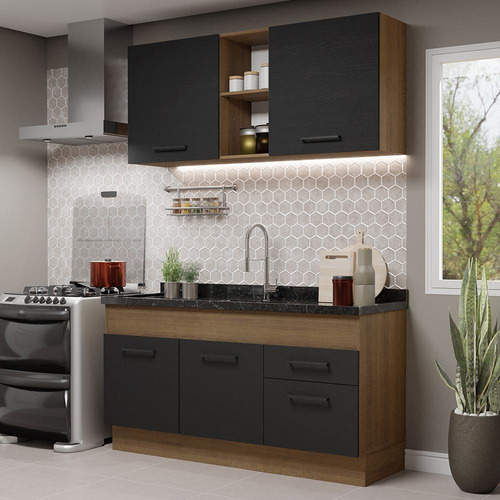 Cozinha Compacta Agata Madesa 150002 Armário Sem Tampo Rp Cor Rustic/Preto