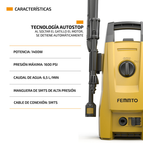 Imagen 2 de 8 de Hidrolavadora Electrica Femmto Hlt203 1400w Alta presion 1600 Psi