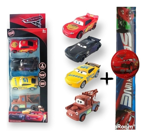 Carro Cars Rayo Mcqueen Fricción Metal 4 Juguete Niños Reloj