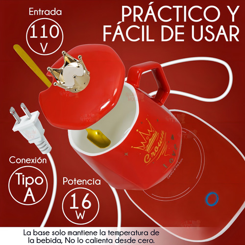 Kit Taza Calentador Eléctrico Cerámica Corona Posavasos Café Color Rojo
