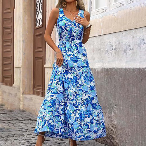 Cintura Elástica Plisada Casual Estampada Para Mujer, Cuello