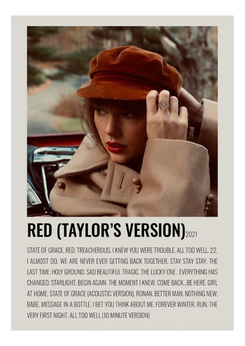 Póster Taylor Swift Canción Red Taylor's Version 2021 Retro