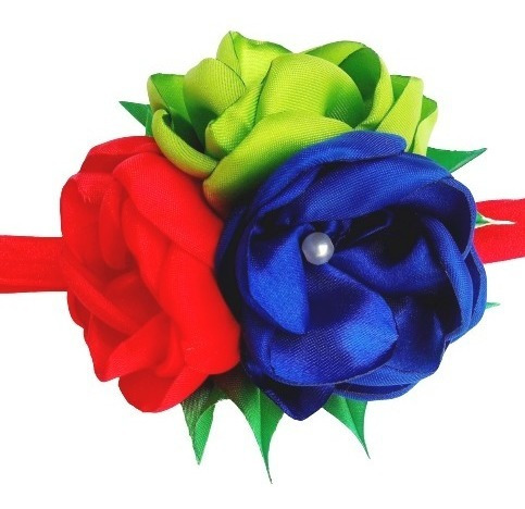 Diadema Casual Flores Azul, Roja Y Verde De Niña. Lazo Bebé