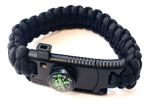 Pulsera Navaja Silbato Pedernal Paracord Survival Camping Color Negro