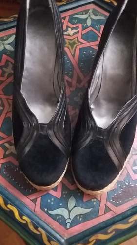 Zapatos Negros Taco Chino Gamuza Cuero Y Yute 37 Impecables