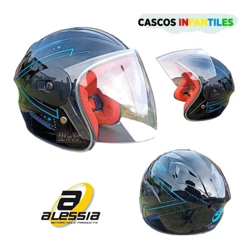 Casco Moto Infantil Niño Niña 3/4 Negro Azul Brillante Biker