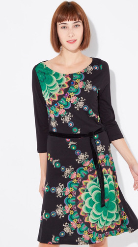 Desigual Vestido S Nuevo Negro Verde Manga Larga