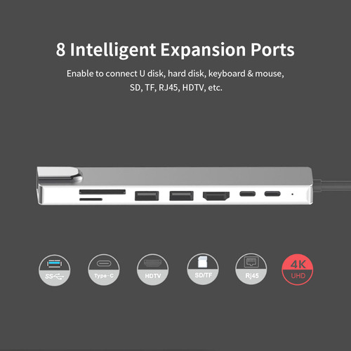 Base Usb-c For Portátil 8 En 1: Pd, Usb, Hdtv, Sd, Tf, Rj45