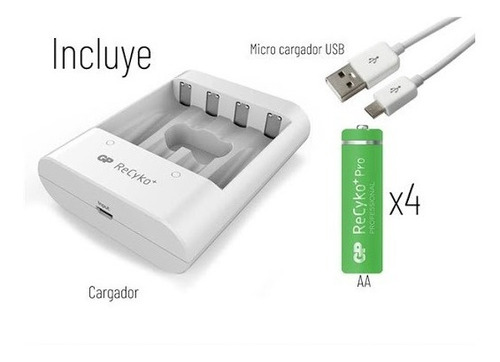 Cargador Gp Usb Recyko U411 + 4 Pilas Aa 2700 Mah