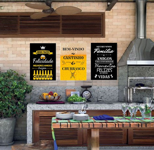 3x Quadro Decoração Canto Churrasco Cerveja Lazer Cód:453837 Cor Madeira Cor da armação n/a