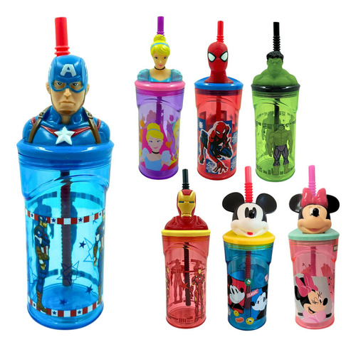 1 Copo Infantil 3d 360ml Plástico C/ Canudo Flexível Disney Cor Capitão América