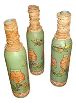Comprar Trío De Botellas Pintadas Y Decoradas Con Decoupage Verde Con Decoupage De Lechucitas