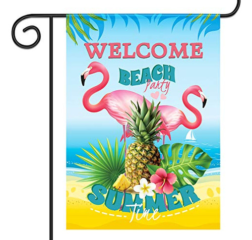 Flamingo Garden Flag Beach Hibiscus Pineapple Summer Fl...
