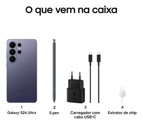 Celular Samsung Galaxy S26 Ultra 5G, 512GB, 12GB RAM, Câmera Quádrupla, Tela Grande de 6.9" Violeta