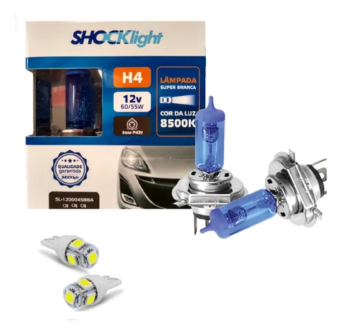 Par Lâmpadas Super Branca H4 8500k + Par Pingo T10 Universal