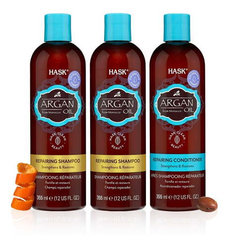 Imagen 1 de 8 de Hask Pack X2 Shampoo + X1 Acondicionador Argan Oil 355 Ml