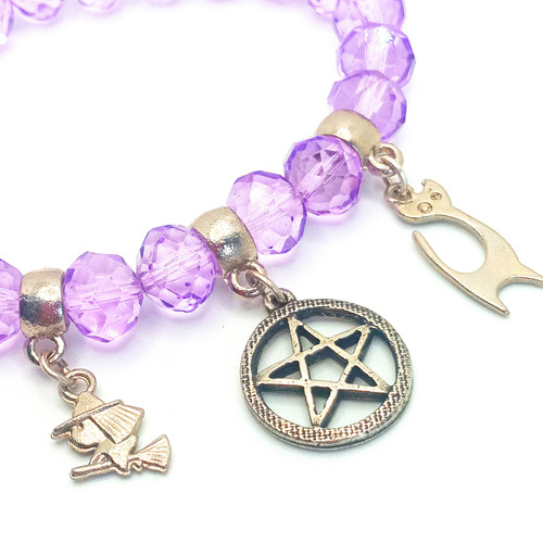 Pulseira De Bruxa Wicca Cristal Roxo + Pentagrama + Gato