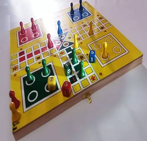 Ludo Clássico Jogo Tabuleiro Madeira Torrinha Dado Pinos