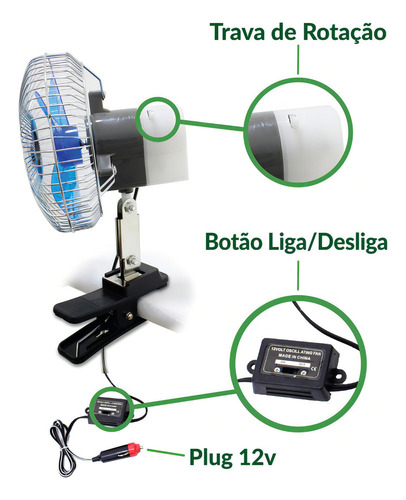 Ventilador Para Carro Portátil 12 Volts Potente 6 Polegadas