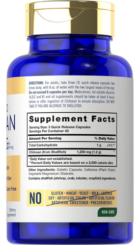Suplemento de quitosano Carlyle 1200 mg 120 cápsulas