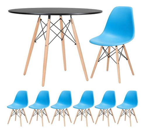 Kit Mesa Jantar Eames Wood 100 Cm 6 Cadeiras Eifel Cores Cor Mesa preto com cadeiras azul céu