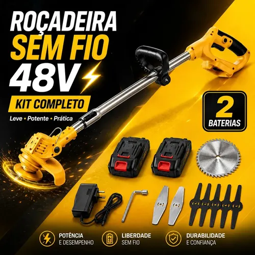 Rocadeira Eletrica Sem Fio 48v Aparador Cortador De Grama Mato E Capim A Bateria Recarregavel Com 2 Baterias Kit Completo Bivolt Amarela