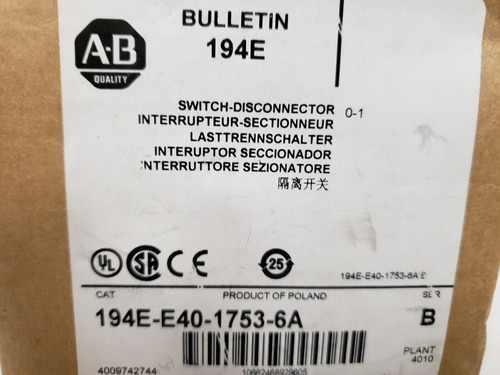 Allen Bradley 194e-e40-1753-6a Disconnect Switch 40a Ser Bbd
