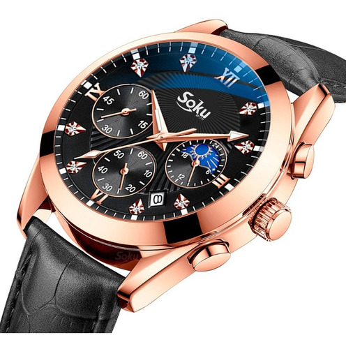 Reloj Cuero Cronometro Real Fechador Original Impermeable Color De La Correa Negro