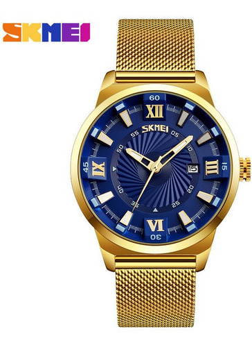 Reloj Analógico Skmei Quartz Calendar Para Hombre Color De La Correa Dorado Color Del Fondo Azul
