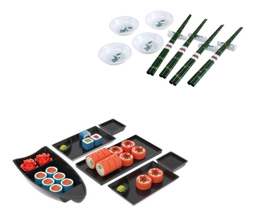 Imagem 1 de 3 de Kit Jogo Comida Japonesa 12 Peças + Jogo Sushi 6 Peças Preto