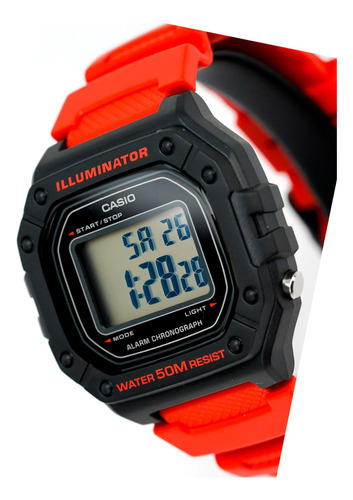 Relógio Casio W-218h Cronômetro Alarme Luz LED 50m Wr Timer Mesh Color Black Bezel Color Preto com Vermelho 4b