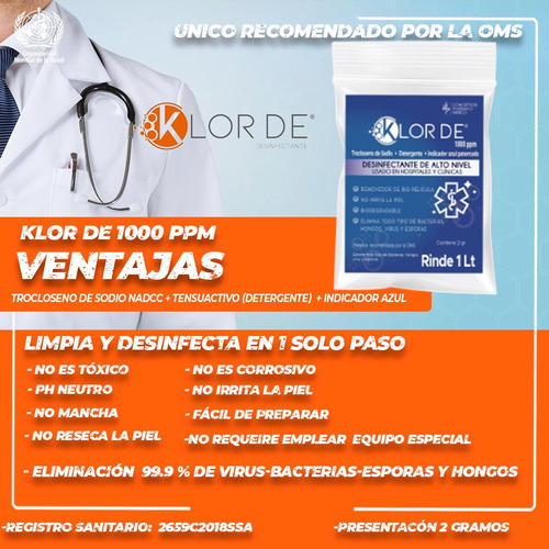 Klor De 1000ppm Desinfectante+ Detergente Sobre 1 Tableta