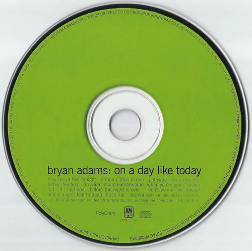 337 Mcd- 1998 Cd- Bryan Adams- On A Day Like Today Pop Inter