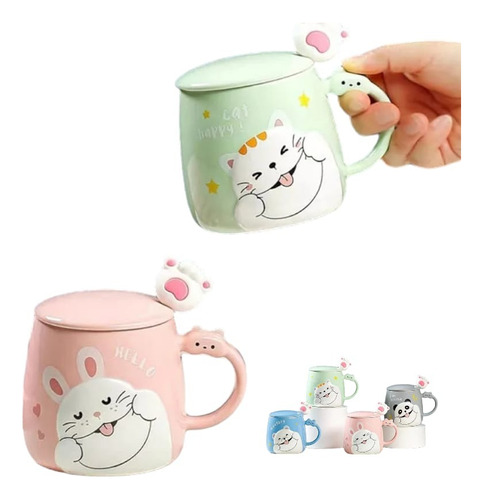 Tazas Gatitos Cute 400ml Cerámica C/tapa 