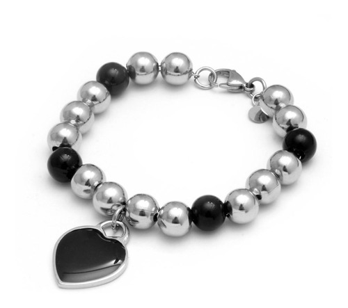 Pulsera Gruesa Acero Quirúrgico Bolitas Corazón Negro