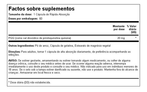 Pqq Pirroloquinolina Quinona 20mg 60 Caps Piping Rock
