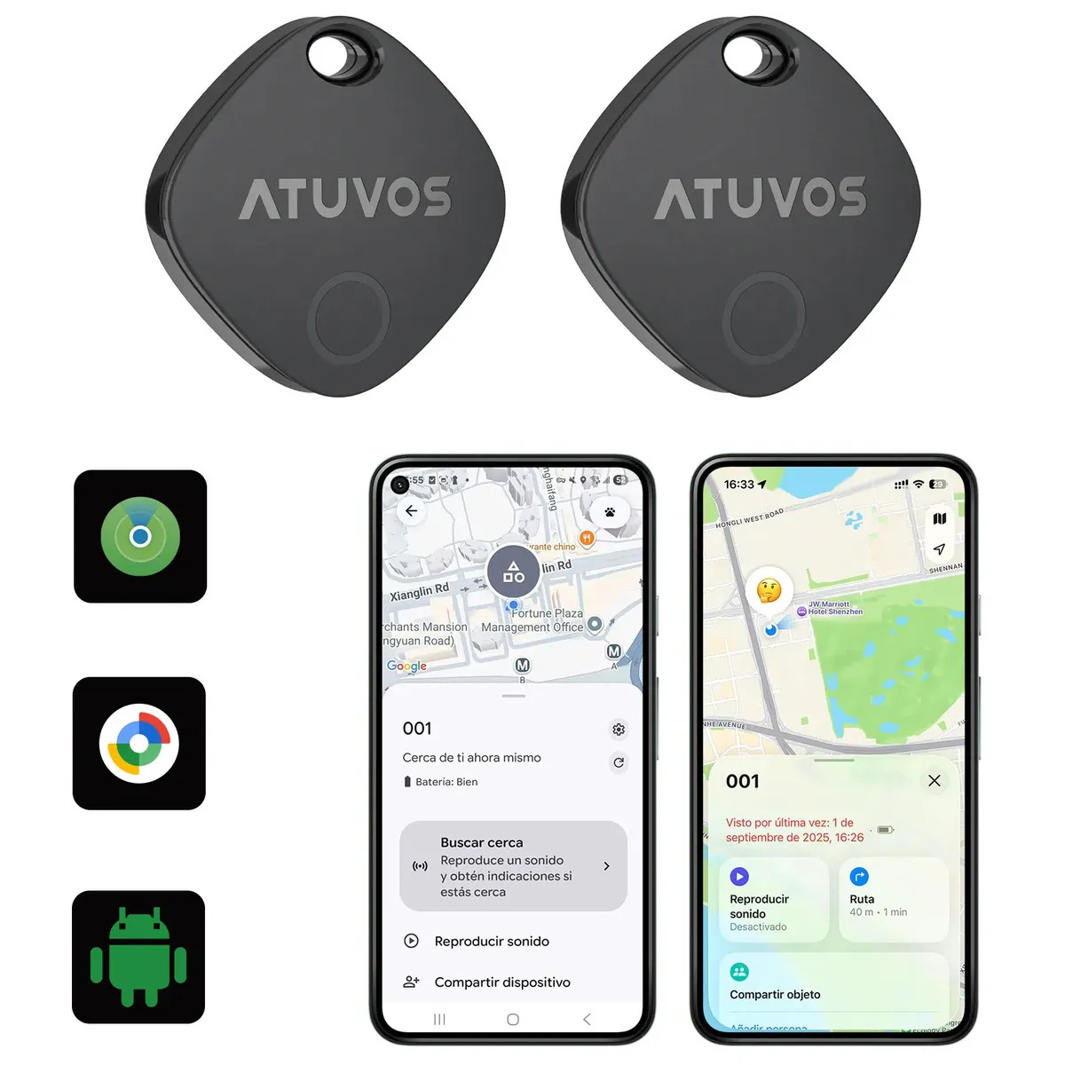 ATUVOS Mini Localizador GPS Bluetooth de Doble Sistema para Android e iOS, Etiqueta Inteligente Impermeable IP67 (2 Pieza)