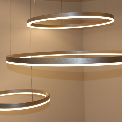GMH Luminária Lustre Pendente Led Moderno Pé Direito Alto 3metros cabo regulável Hall Aneis Led Estrutura Cobre